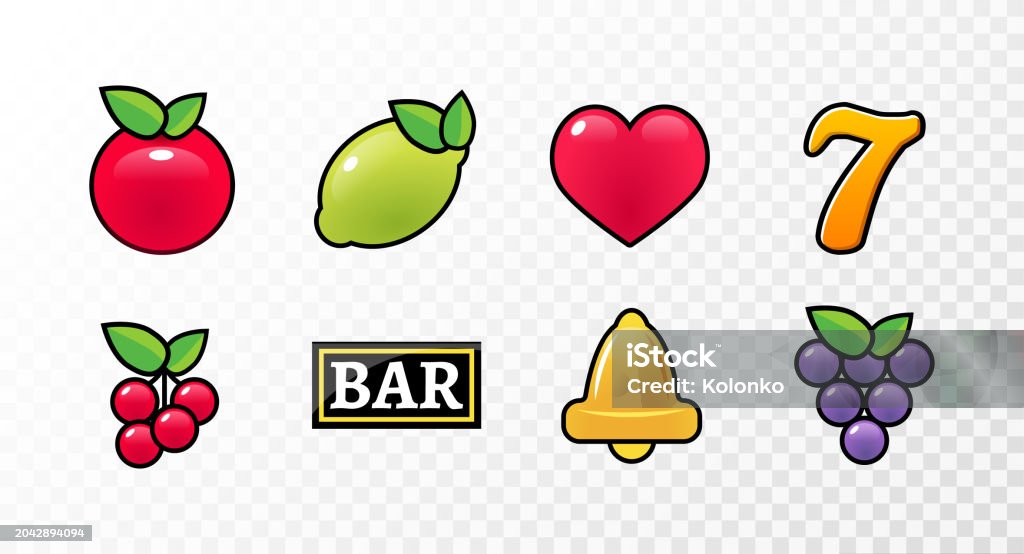 Casino Slot Machine Icon Symbol Vector Fruit Cherry Jackpot Seven Bell ...